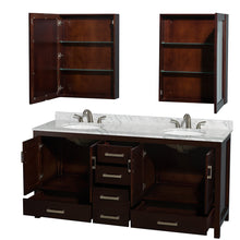 Load image into Gallery viewer, Wyndham Sheffield 72 Inch Double Bathroom Vanity in Espresso, White Carrara Marble Countertop, Undermount Oval Sinks, and Medicine Cabinets- Wyndham