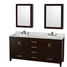 Load image into Gallery viewer, Wyndham Sheffield 72 Inch Double Bathroom Vanity in Espresso, White Carrara Marble Countertop, Undermount Oval Sinks, and Medicine Cabinets- Wyndham
