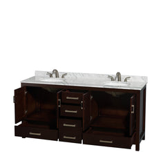 Load image into Gallery viewer, Wyndham Sheffield 72 Inch Double Bathroom Vanity in Espresso, White Carrara Marble Countertop, Undermount Oval Sinks, and No Mirror- Wyndham