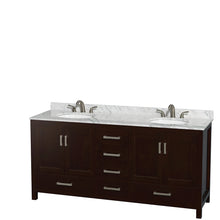 Load image into Gallery viewer, Wyndham Sheffield 72 Inch Double Bathroom Vanity in Espresso, White Carrara Marble Countertop, Undermount Oval Sinks, and No Mirror- Wyndham