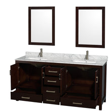 Load image into Gallery viewer, Wyndham Sheffield 72 Inch Double Bathroom Vanity in Espresso, White Carrara Marble Countertop, Undermount Square Sinks, and 24 Inch Mirrors- Wyndham