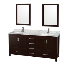 Load image into Gallery viewer, Wyndham Sheffield 72 Inch Double Bathroom Vanity in Espresso, White Carrara Marble Countertop, Undermount Square Sinks, and 24 Inch Mirrors- Wyndham