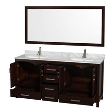 Load image into Gallery viewer, Wyndham Sheffield 72 Inch Double Bathroom Vanity in Espresso, White Carrara Marble Countertop, Undermount Square Sinks, and 70 Inch Mirror- Wyndham