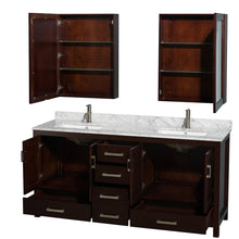 Load image into Gallery viewer, Wyndham Sheffield 72 Inch Double Bathroom Vanity in Espresso, White Carrara Marble Countertop, Undermount Square Sinks, and Medicine Cabinets- Wyndham