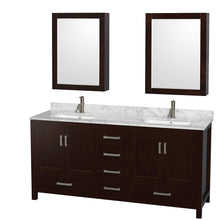 Load image into Gallery viewer, Wyndham Sheffield 72 Inch Double Bathroom Vanity in Espresso, White Carrara Marble Countertop, Undermount Square Sinks, and Medicine Cabinets- Wyndham