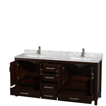 Load image into Gallery viewer, Wyndham Sheffield 72 Inch Double Bathroom Vanity in Espresso, White Carrara Marble Countertop, Undermount Square Sinks, and No Mirror- Wyndham