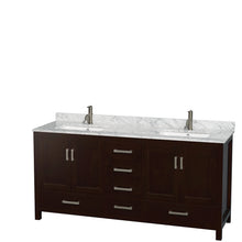 Load image into Gallery viewer, Wyndham Sheffield 72 Inch Double Bathroom Vanity in Espresso, White Carrara Marble Countertop, Undermount Square Sinks, and 70 Inch Mirror- Wyndham