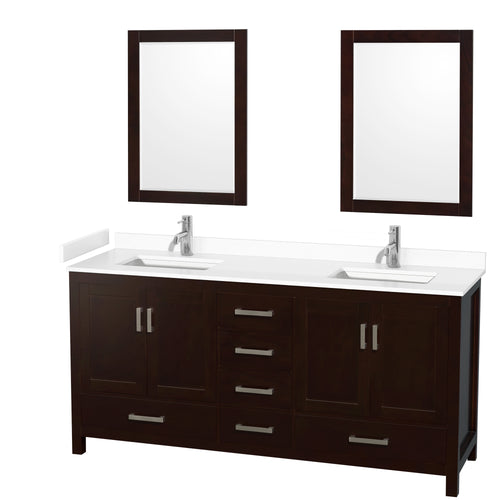 Wyndham Sheffield 72 Inch Double Bathroom Vanity in Espresso, White Cultured Marble Countertop, Undermount Square Sinks, 24 Inch Mirrors- Wyndham