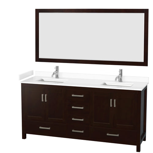 Wyndham Sheffield 72 Inch Double Bathroom Vanity in Espresso, White Cultured Marble Countertop, Undermount Square Sinks, 70 Inch Mirror- Wyndham