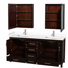 Load image into Gallery viewer, Wyndham Sheffield 72 Inch Double Bathroom Vanity in Espresso, White Cultured Marble Countertop, Undermount Square Sinks, Medicine Cabinets- Wyndham