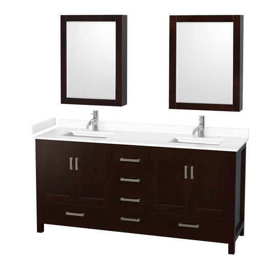 Wyndham Sheffield 72 Inch Double Bathroom Vanity in Espresso, White Cultured Marble Countertop, Undermount Square Sinks, Medicine Cabinets- Wyndham