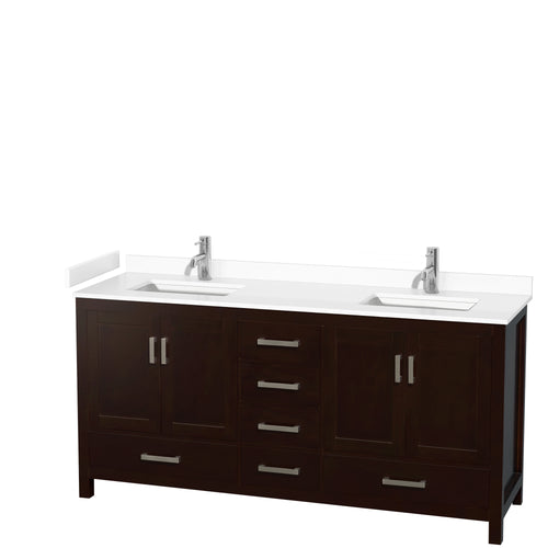 Wyndham Sheffield 72 Inch Double Bathroom Vanity in Espresso, White Cultured Marble Countertop, Undermount Square Sinks, No Mirror- Wyndham