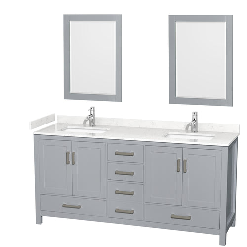 Wyndham Sheffield 72 Inch Double Bathroom Vanity in Gray, Carrara Cultured Marble Countertop, Undermount Square Sinks, 24 Inch Mirrors- Wyndham