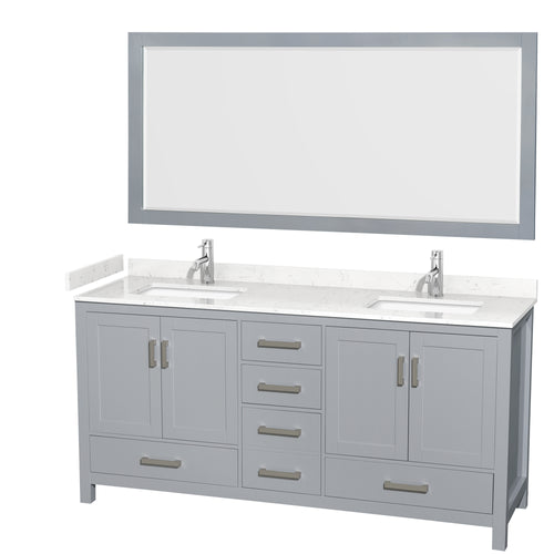 Wyndham Sheffield 72 Inch Double Bathroom Vanity in Gray, Carrara Cultured Marble Countertop, Undermount Square Sinks, 70 Inch Mirror- Wyndham