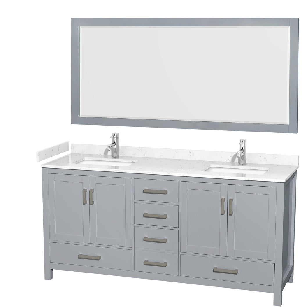 Wyndham Sheffield 72 Inch Double Bathroom Vanity in Gray, Carrara Cultured Marble Countertop, Undermount Square Sinks, 70 Inch Mirror- Wyndham