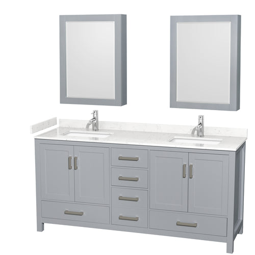 Wyndham Sheffield 72 Inch Double Bathroom Vanity in Gray, Carrara Cultured Marble Countertop, Undermount Square Sinks, Medicine Cabinets- Wyndham