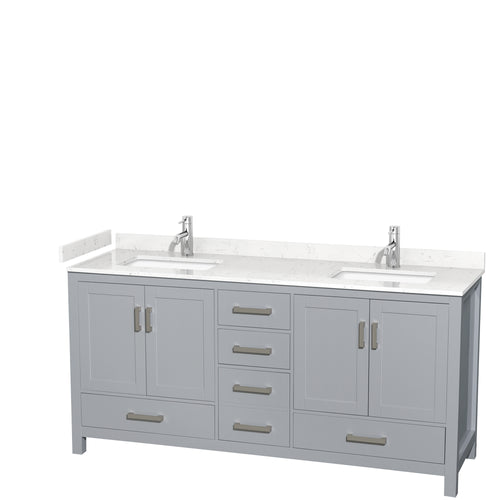 Wyndham Sheffield 72 Inch Double Bathroom Vanity in Gray, Carrara Cultured Marble Countertop, Undermount Square Sinks, No Mirror- Wyndham