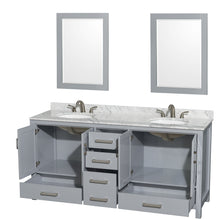Load image into Gallery viewer, Wyndham Sheffield 72 Inch Double Bathroom Vanity in Gray, White Carrara Marble Countertop, Undermount Oval Sinks, and 24 Inch Mirrors- Wyndham