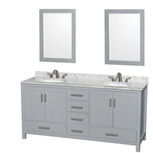 Load image into Gallery viewer, Wyndham Sheffield 72 Inch Double Bathroom Vanity in Gray, White Carrara Marble Countertop, Undermount Oval Sinks, and 24 Inch Mirrors- Wyndham