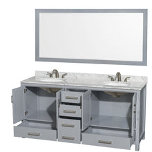 Load image into Gallery viewer, Wyndham Sheffield 72 Inch Double Bathroom Vanity in Gray, White Carrara Marble Countertop, Undermount Oval Sinks, and 70 Inch Mirror- Wyndham