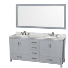 Load image into Gallery viewer, Wyndham Sheffield 72 Inch Double Bathroom Vanity in Gray, White Carrara Marble Countertop, Undermount Oval Sinks, and 70 Inch Mirror- Wyndham
