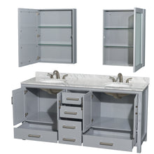 Load image into Gallery viewer, Wyndham Sheffield 72 Inch Double Bathroom Vanity in Gray, White Carrara Marble Countertop, Undermount Oval Sinks, and Medicine Cabinets- Wyndham