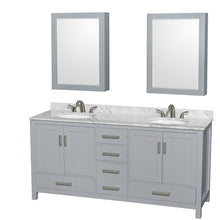 Load image into Gallery viewer, Wyndham Sheffield 72 Inch Double Bathroom Vanity in Gray, White Carrara Marble Countertop, Undermount Oval Sinks, and Medicine Cabinets- Wyndham