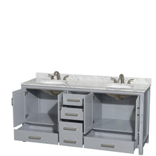 Load image into Gallery viewer, Wyndham Sheffield 72 Inch Double Bathroom Vanity in Gray, White Carrara Marble Countertop, Undermount Oval Sinks, and No Mirror- Wyndham