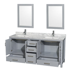 Load image into Gallery viewer, Wyndham Sheffield 72 Inch Double Bathroom Vanity in Gray, White Carrara Marble Countertop, Undermount Square Sinks, and 24 Inch Mirrors- Wyndham