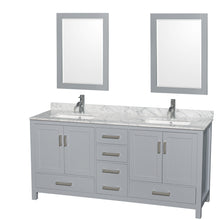 Load image into Gallery viewer, Wyndham Sheffield 72 Inch Double Bathroom Vanity in Gray, White Carrara Marble Countertop, Undermount Square Sinks, and 24 Inch Mirrors- Wyndham
