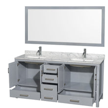 Load image into Gallery viewer, Wyndham Sheffield 72 Inch Double Bathroom Vanity in Gray, White Carrara Marble Countertop, Undermount Square Sinks, and 70 Inch Mirror- Wyndham