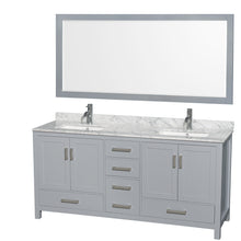 Load image into Gallery viewer, Wyndham Sheffield 72 Inch Double Bathroom Vanity in Gray, White Carrara Marble Countertop, Undermount Square Sinks, and 70 Inch Mirror- Wyndham