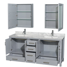 Load image into Gallery viewer, Wyndham Sheffield 72 Inch Double Bathroom Vanity in Gray, White Carrara Marble Countertop, Undermount Square Sinks, and Medicine Cabinets- Wyndham