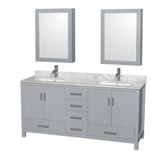 Load image into Gallery viewer, Wyndham Sheffield 72 Inch Double Bathroom Vanity in Gray, White Carrara Marble Countertop, Undermount Square Sinks, and Medicine Cabinets- Wyndham