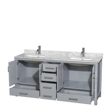 Load image into Gallery viewer, Wyndham Sheffield 72 Inch Double Bathroom Vanity in Gray, White Carrara Marble Countertop, Undermount Square Sinks, and No Mirror- Wyndham