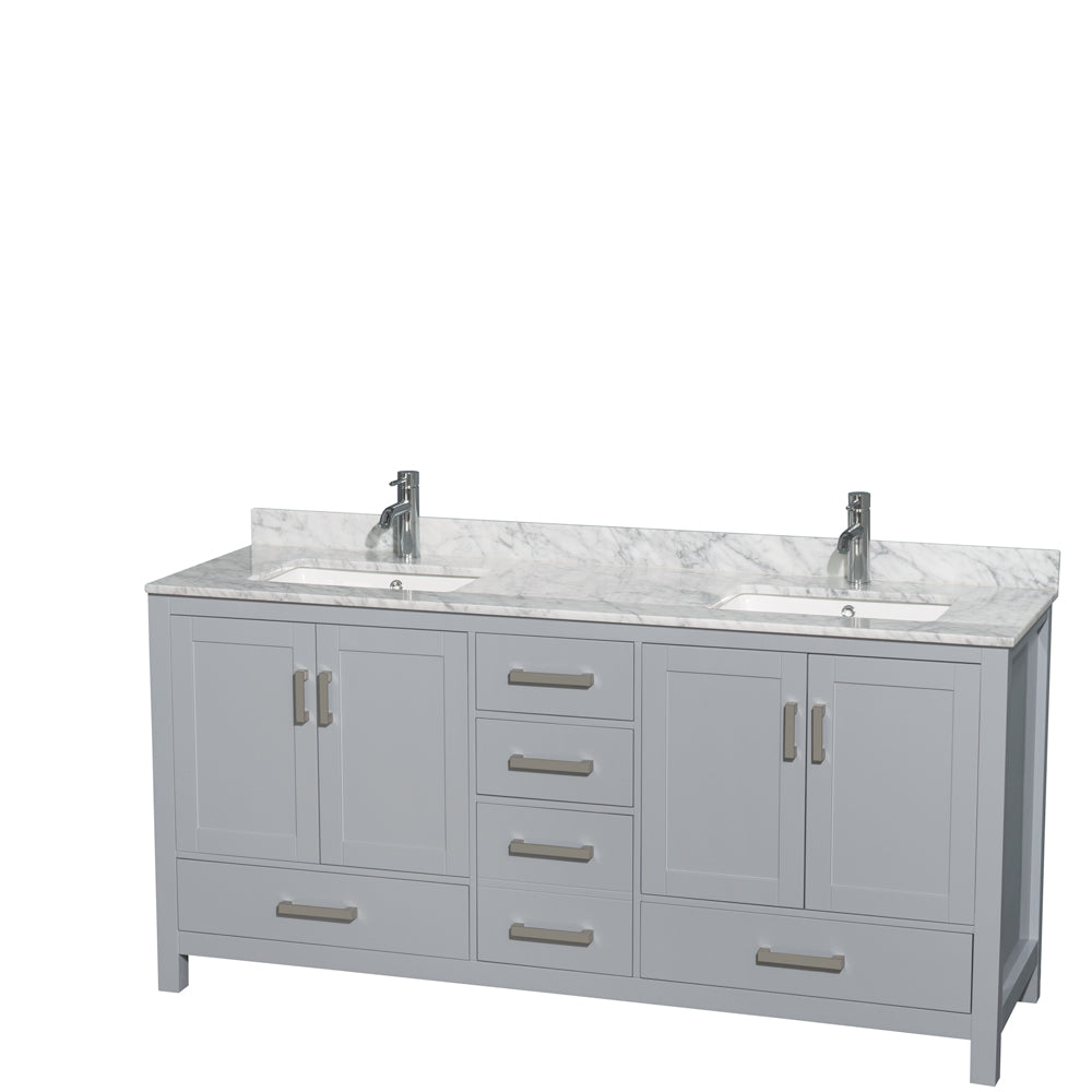 Wyndham Sheffield 72 Inch Double Bathroom Vanity in Gray, White Carrara Marble Countertop, Undermount Square Sinks, and No Mirror- Wyndham