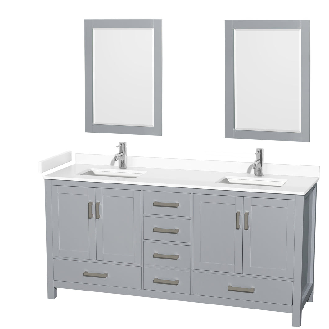 Wyndham Sheffield 72 Inch Double Bathroom Vanity in Gray, White Cultured Marble Countertop, Undermount Square Sinks, 24 Inch Mirrors- Wyndham