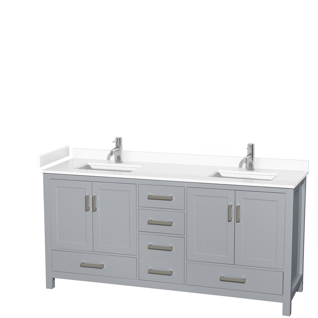 Wyndham Sheffield 72 Inch Double Bathroom Vanity in Gray, White Cultured Marble Countertop, Undermount Square Sinks, No Mirror- Wyndham