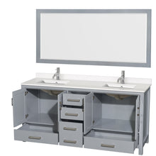 Load image into Gallery viewer, Wyndham Sheffield 72 Inch Double Bathroom Vanity in Gray, White Quartz Countertop, Undermount Square Sinks, 70 Inch Mirror- Wyndham