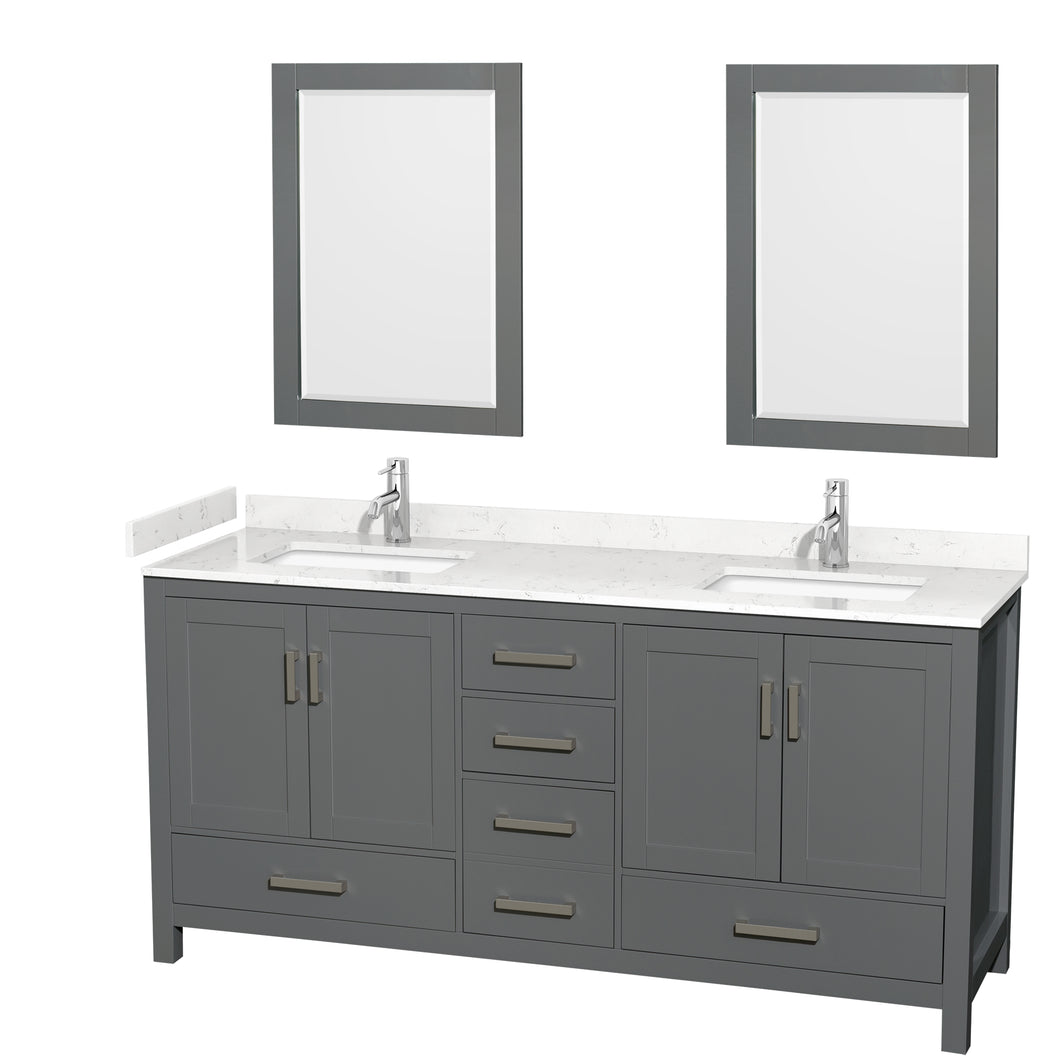 Wyndham Sheffield 72 Inch Double Bathroom Vanity in Dark Gray, Carrara Cultured Marble Countertop, Undermount Square Sinks, 24 Inch Mirrors- Wyndham