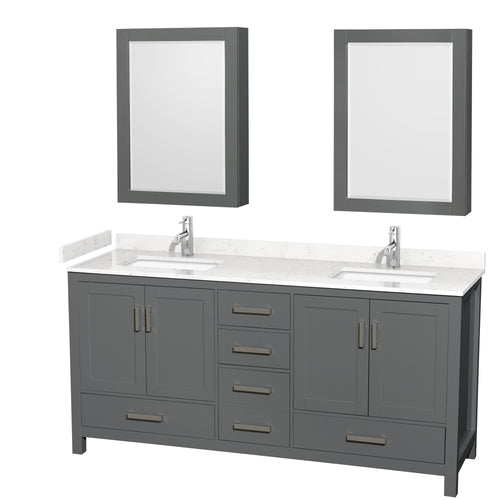 Wyndham Sheffield 72 Inch Double Bathroom Vanity in Dark Gray, Carrara Cultured Marble Countertop, Undermount Square Sinks, Medicine Cabinets- Wyndham