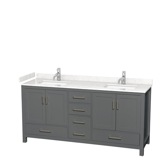 Wyndham Sheffield 72 Inch Double Bathroom Vanity in Dark Gray, Carrara Cultured Marble Countertop, Undermount Square Sinks, No Mirror- Wyndham