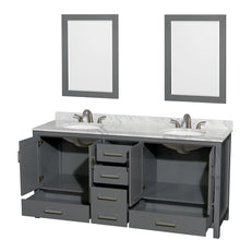 Load image into Gallery viewer, Wyndham Sheffield 72 Inch Double Bathroom Vanity in Dark Gray, White Carrara Marble Countertop, Undermount Oval Sinks, and 24 Inch Mirrors- Wyndham