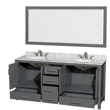 Load image into Gallery viewer, Wyndham Sheffield 72 Inch Double Bathroom Vanity in Dark Gray, White Carrara Marble Countertop, Undermount Oval Sinks, and 70 Inch Mirror- Wyndham