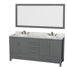 Load image into Gallery viewer, Wyndham Sheffield 72 Inch Double Bathroom Vanity in Dark Gray, White Carrara Marble Countertop, Undermount Oval Sinks, and 70 Inch Mirror- Wyndham