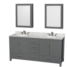 Load image into Gallery viewer, Wyndham Sheffield 72 Inch Double Bathroom Vanity in Dark Gray, White Carrara Marble Countertop, Undermount Oval Sinks, and Medicine Cabinets- Wyndham