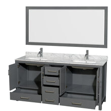 Load image into Gallery viewer, Wyndham Sheffield 72 Inch Double Bathroom Vanity in Dark Gray, White Carrara Marble Countertop, Undermount Square Sinks, and 70 Inch Mirror- Wyndham