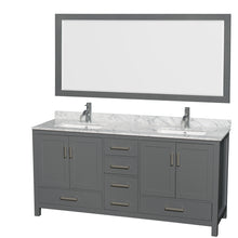 Load image into Gallery viewer, Wyndham Sheffield 72 Inch Double Bathroom Vanity in Dark Gray, White Carrara Marble Countertop, Undermount Square Sinks, and 70 Inch Mirror- Wyndham