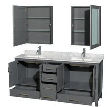 Load image into Gallery viewer, Wyndham Sheffield 72 Inch Double Bathroom Vanity in Dark Gray, White Carrara Marble Countertop, Undermount Square Sinks, and Medicine Cabinets- Wyndham