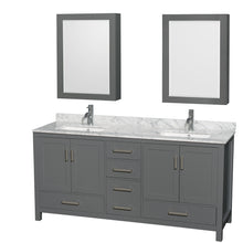 Load image into Gallery viewer, Wyndham Sheffield 72 Inch Double Bathroom Vanity in Dark Gray, White Carrara Marble Countertop, Undermount Square Sinks, and Medicine Cabinets- Wyndham